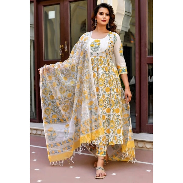 Cotton Blend Printed Kurti Set with Bottom & Dupatta - Yellow (3-Piece)