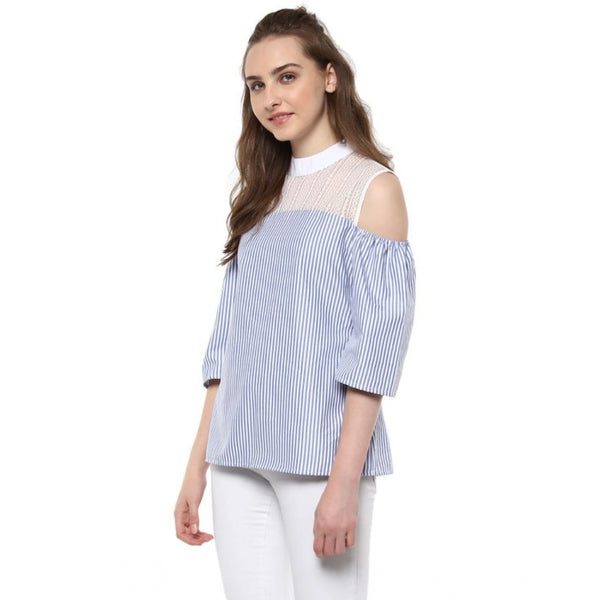 Generic Women's Cotton Striped Cold Shoulder Top (Blue)