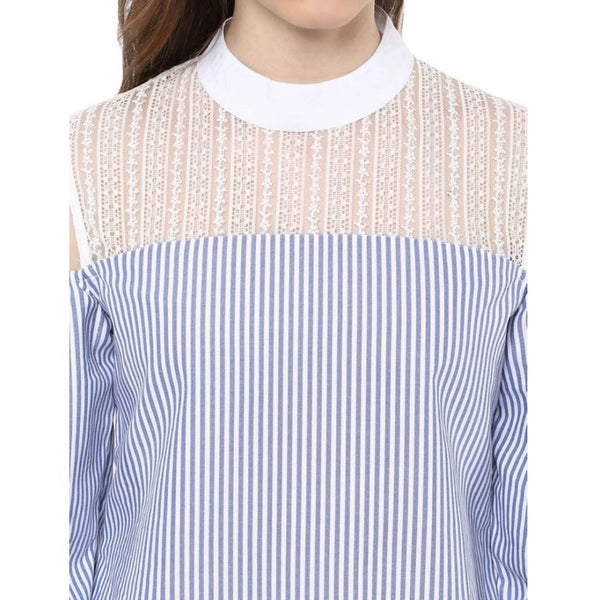 Generic Women's Cotton Striped Cold Shoulder Top (Blue)