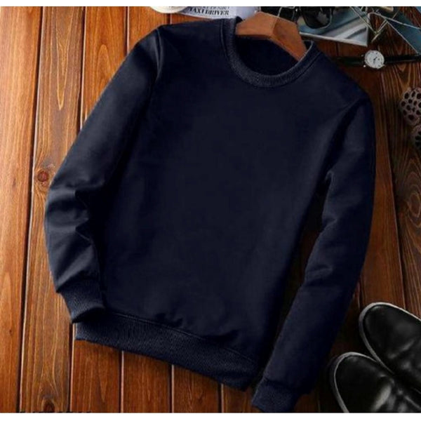 Men's Fleece Sweatshirt - Round Neck Long Sleeve (Navy Blue)