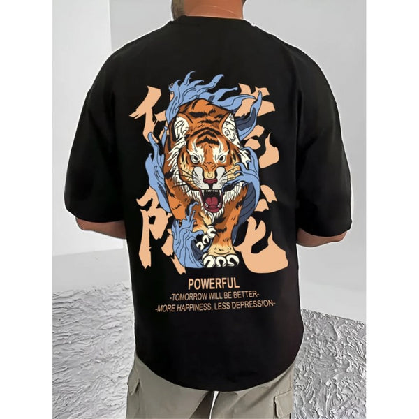 Generic Men's Casual Cotton Blend Printed Round Neck Half Sleeve T-Shirt (Black)
