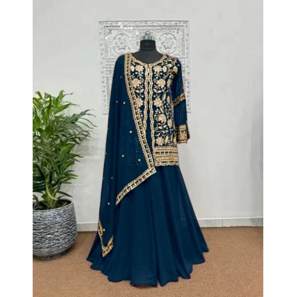 Generic Women's Georgette Embroidery 3-4th Sleeve V-Neck Kurti, Palazzo And Dupatta Set (Morpich)