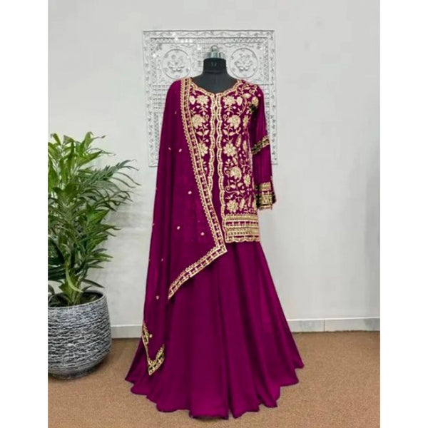 Generic Women's Georgette Embroidery 3-4th Sleeve V-Neck Kurti, Palazzo And Dupatta Set (Wine)