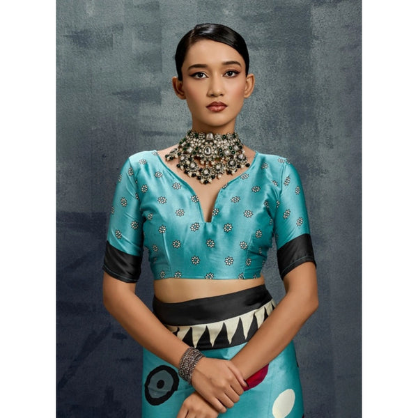 Generic Women's Satin Crepe Printed Saree With Unstitched Blouse 5.5Mtr (Sky Blue)
